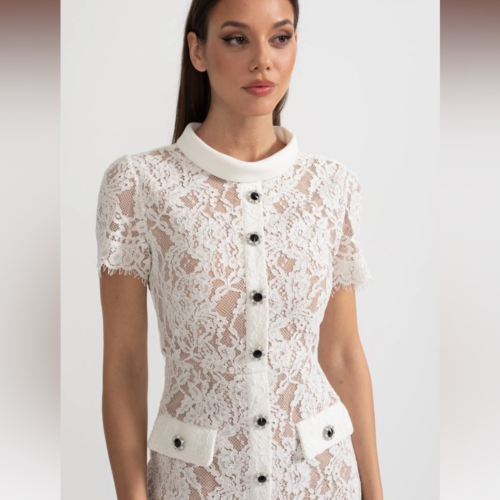 Elegant White Lace Midi Dress with Button Front - Picture 4 of 16